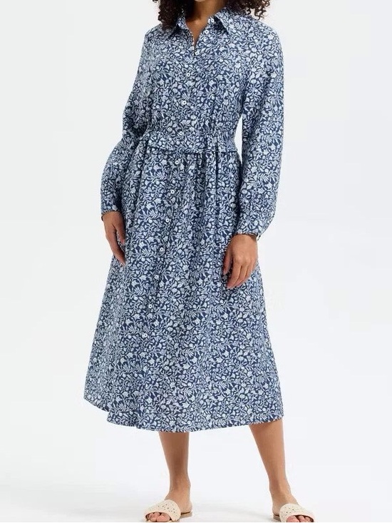 Dresses & Skirts - Blue Floral Long-Sleeve Midi Dress with Button Front